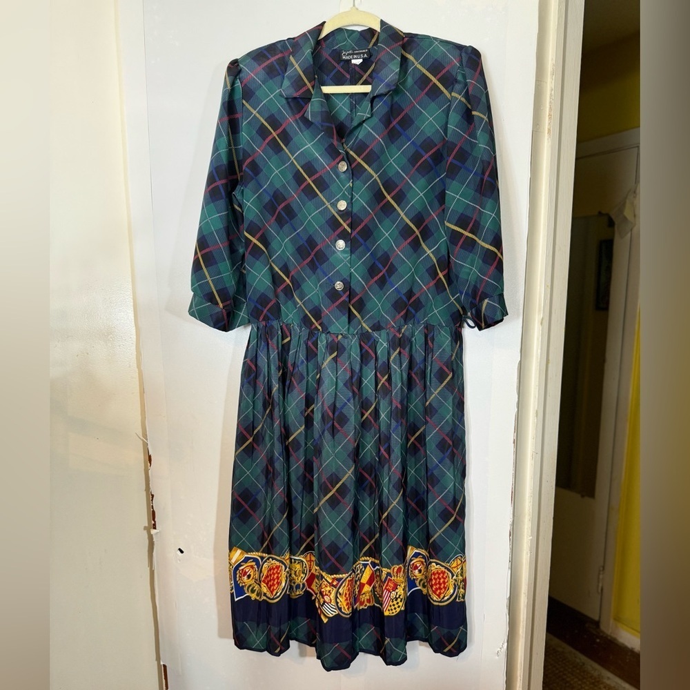 1980s Breli Originals Plaid Secretary Dress with Royal Coat of Arms Gold Trim - Picture 7 of 16